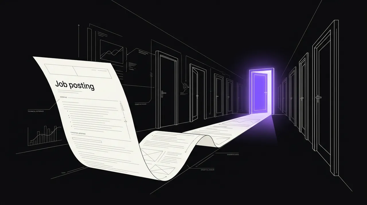 job posting document unfolding into a long corridor of doors, one door lit violet