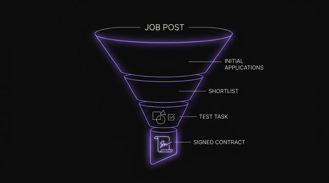 funnel from job post to shortlist to test task to signed contract
