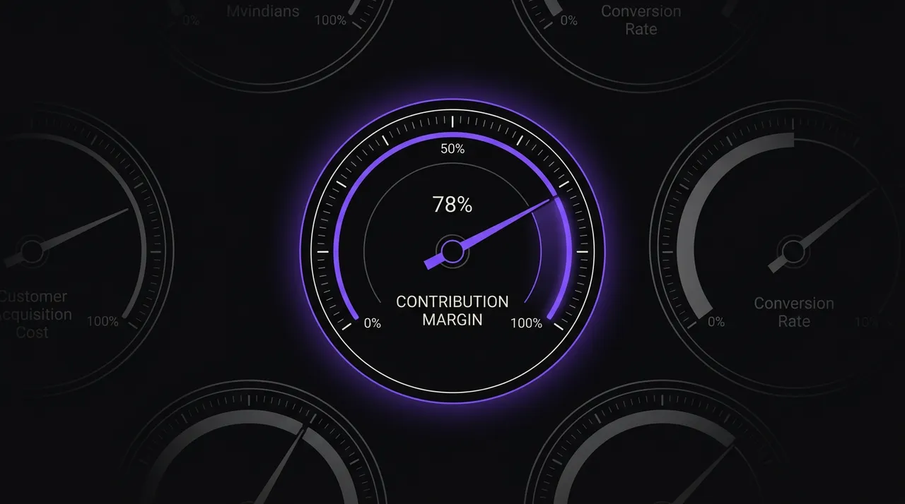 single violet gauge labeled contribution margin, all other gauges fading gray