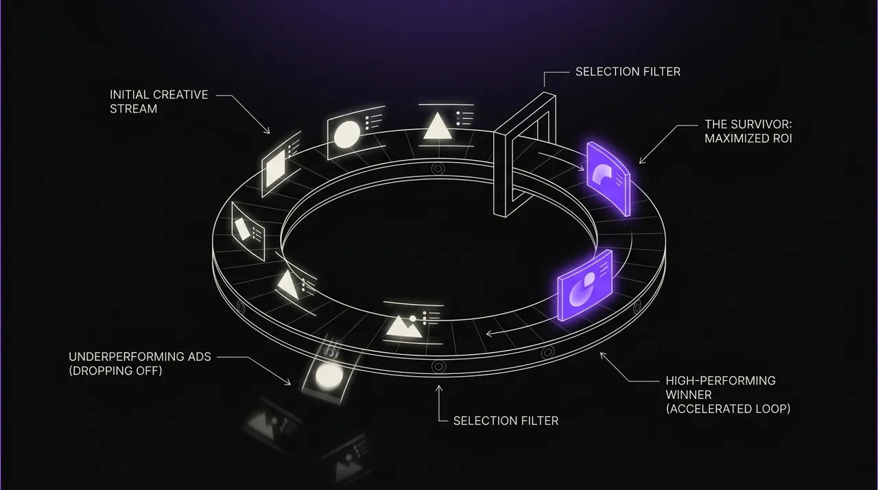 circular conveyor of ad creatives, weak ones dropping off, violet survivor looping faster