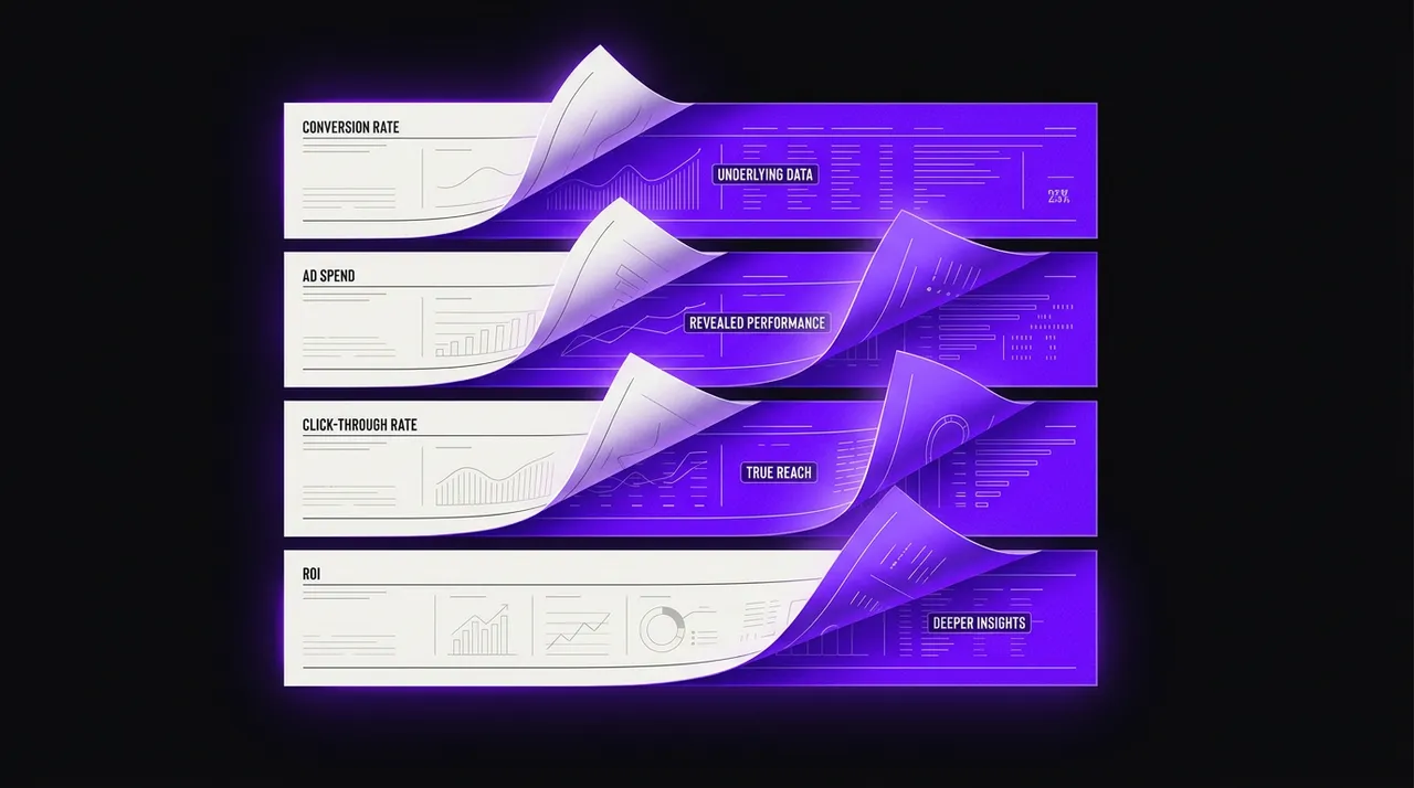 report page with four rows peeled back to reveal violet truth rows underneath