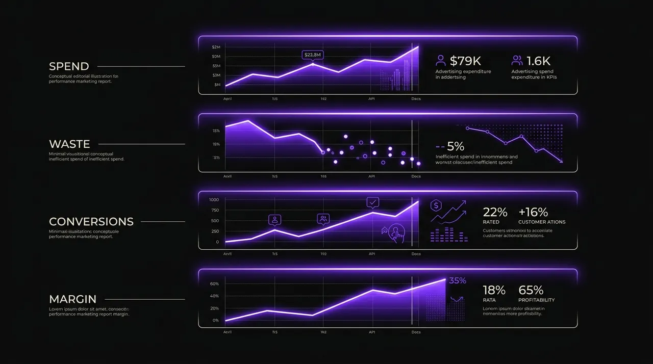 report with four magnified rows lighting up: spend, waste, conversions, margin